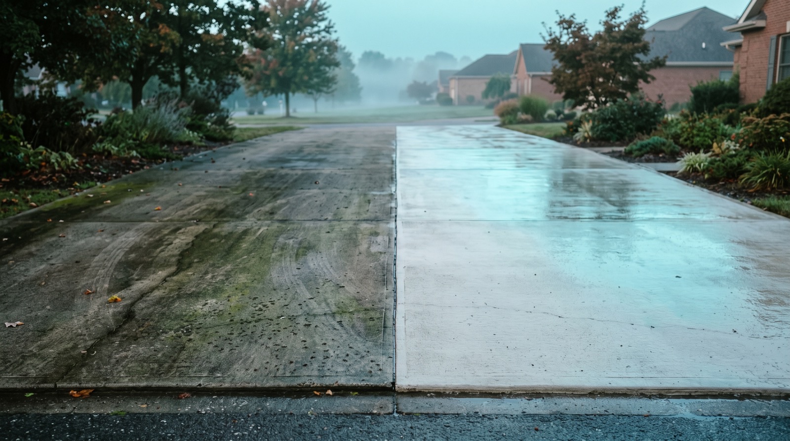A residential driveway, weathered and stained on one side and freshly cleaned on the other.