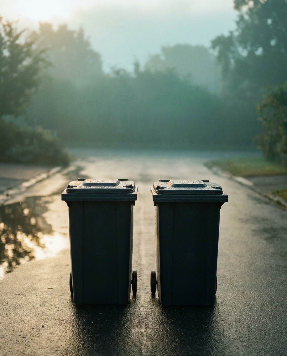 Two spotless charcoal wheelie bins on a clean wet driveway at dawn.