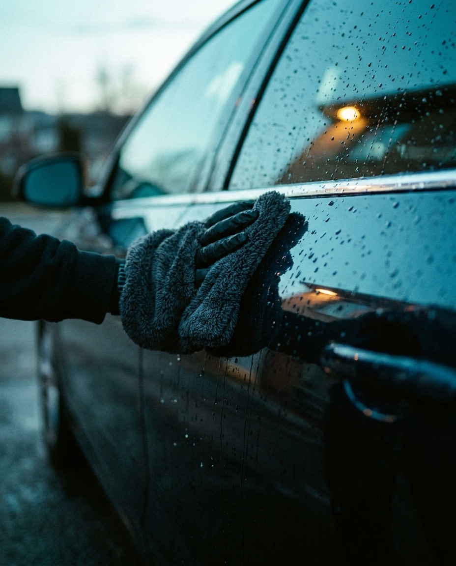 A microfibre mitt gliding across the wet, gleaming paint of a car door at dawn.