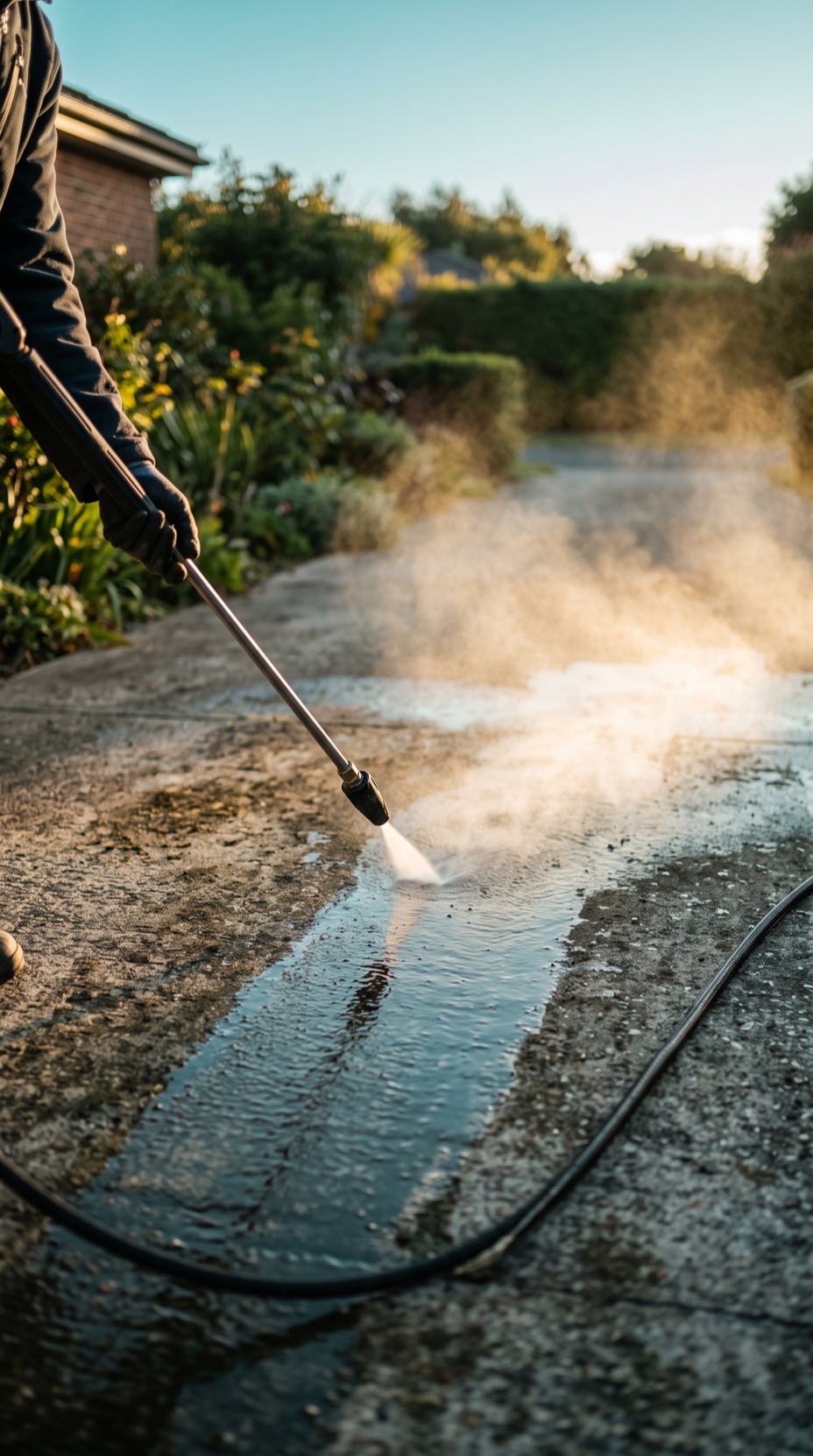 A pressure washer cutting a bright clean stripe across weathered concrete in morning light.